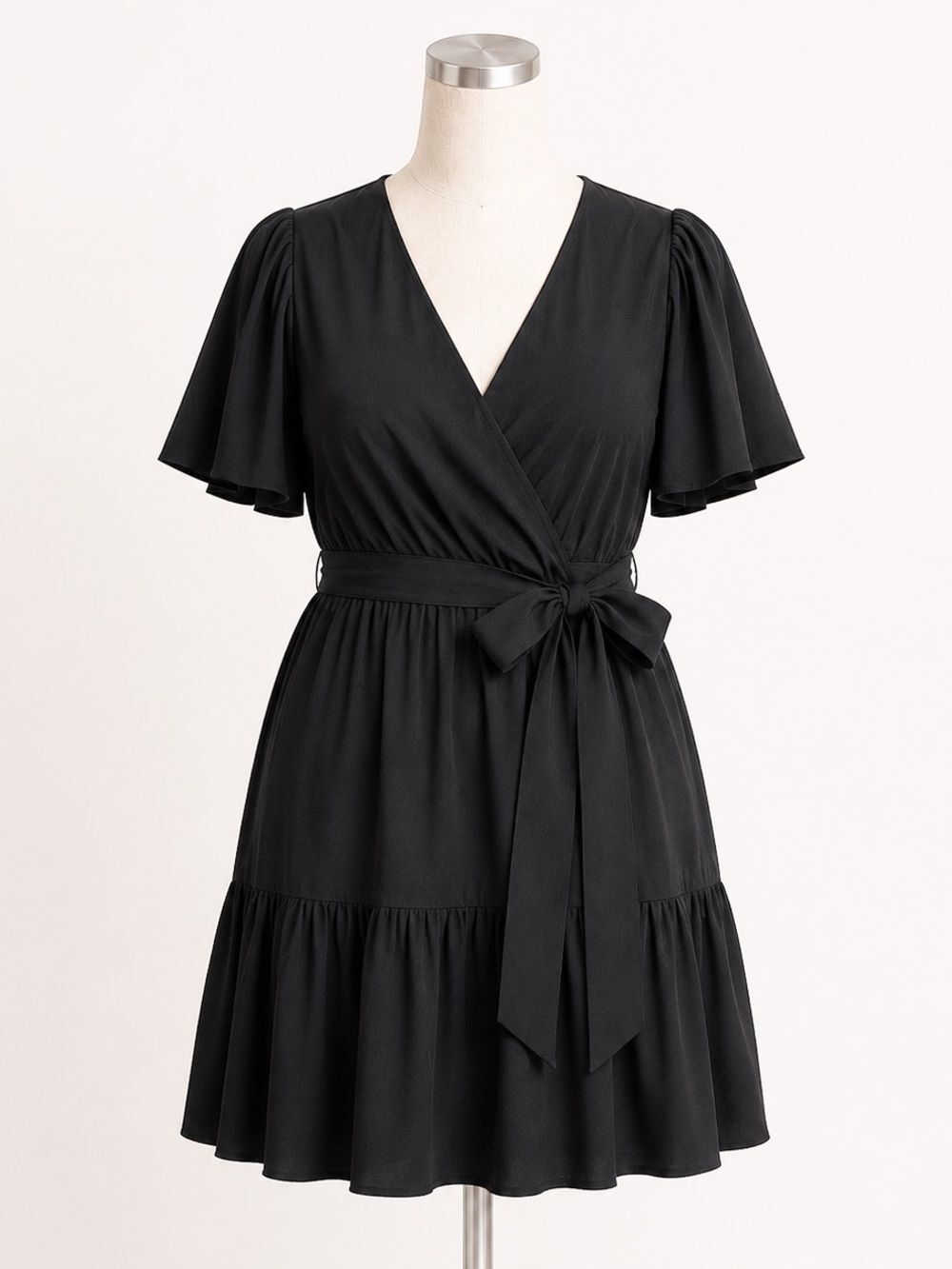 City Chic Catherine Faux Wrap Tiered Dress Tie Waist Flutter Sleeve Black 20 NEW - Picture 3 of 12